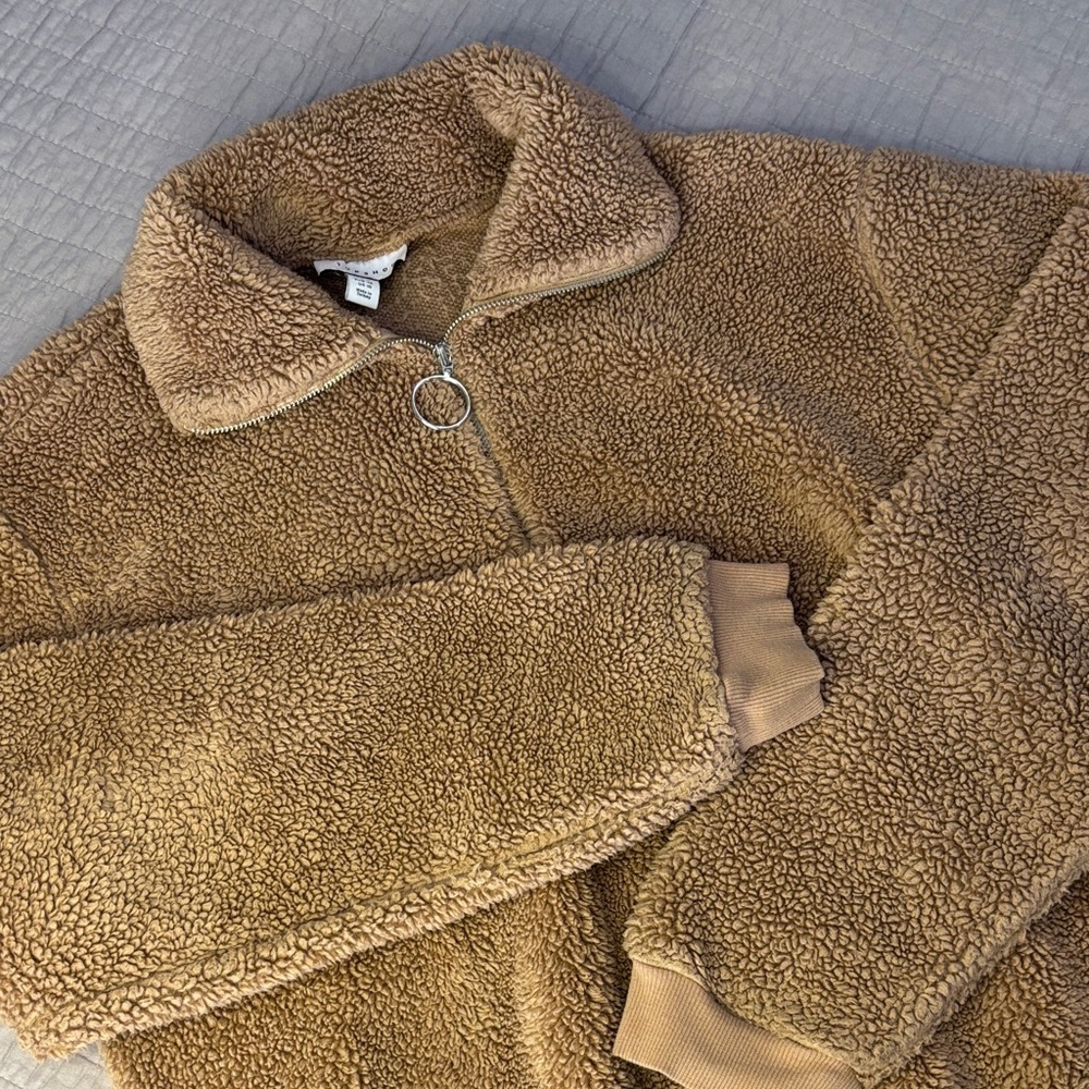 Topshop Teddy Fleece Quarter Zip Pullover Tan Camel US 10